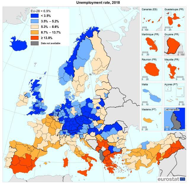 2018 EU youth unemployment map